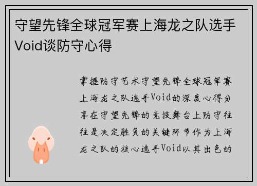 守望先锋全球冠军赛上海龙之队选手Void谈防守心得