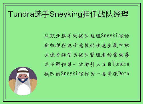Tundra选手Sneyking担任战队经理