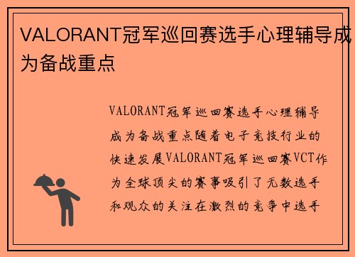VALORANT冠军巡回赛选手心理辅导成为备战重点
