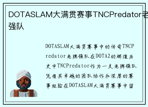 DOTASLAM大满贯赛事TNCPredator老牌强队